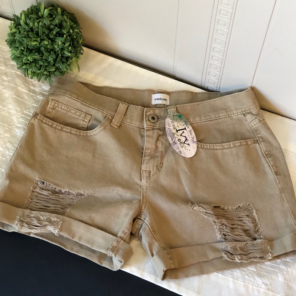 Sneak Peek tan distressed denim shorts